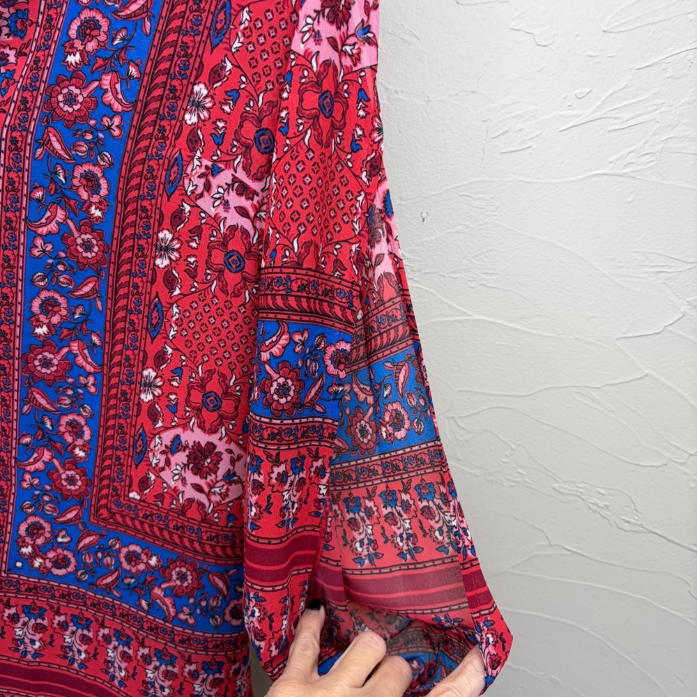 Kut from the Kloth Womens Boho Indie Floral Blouse Large Red Slit Sleeve - Picture 5 of 10